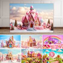 Sugar Fruit House Themed Fairy Tale Background Cloth Birthday Party Scene Arrangement Dress Writing Real Cloth School Decoration Stage Hanging Cloth