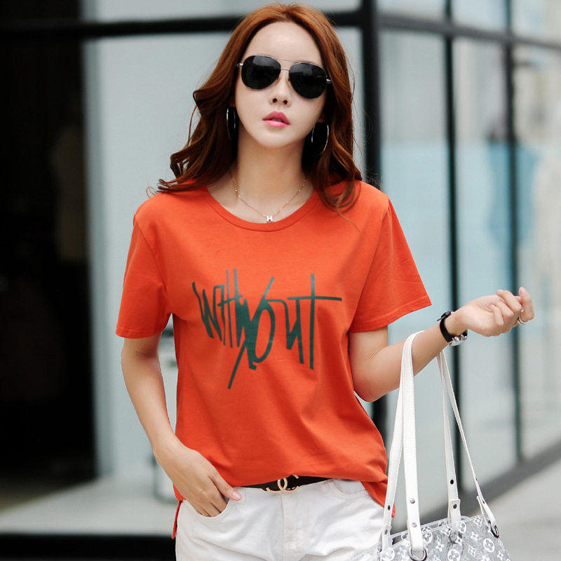 2021春款棉质宽松圆领印花短袖t恤女土打底上衣宝兰色宝蓝色半袖