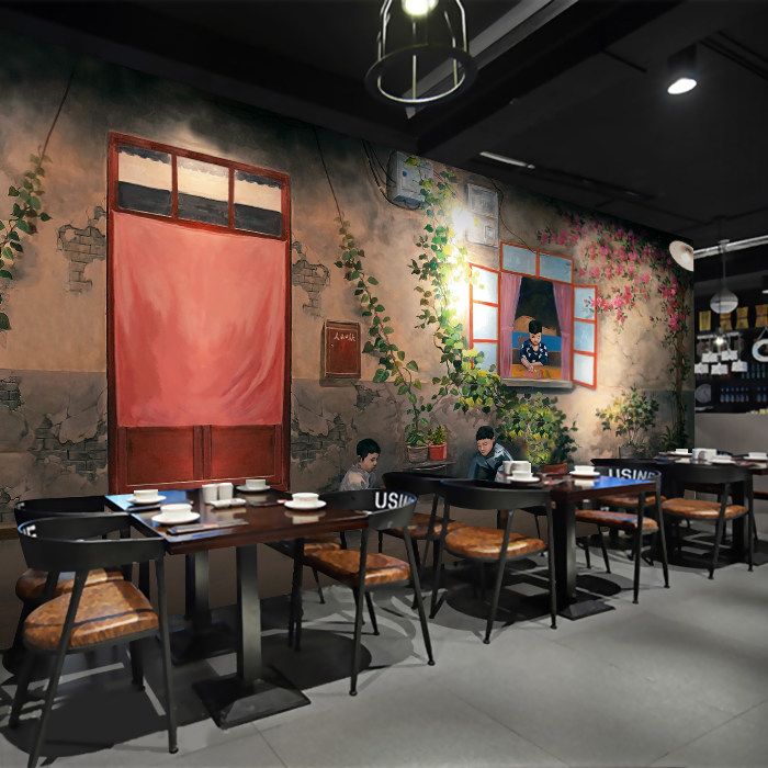 美式复古怀旧工业风墙纸餐厅酒吧饭店背景墙水泥灰色壁纸条纹素色