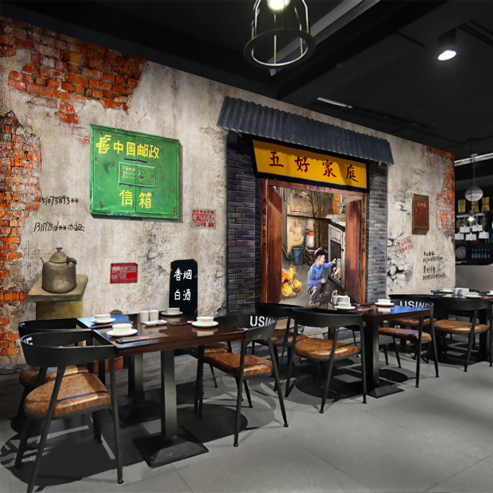 复古怀旧童年80年代马路边边壁纸烧烤串串火锅店墙纸餐厅饭店壁纸