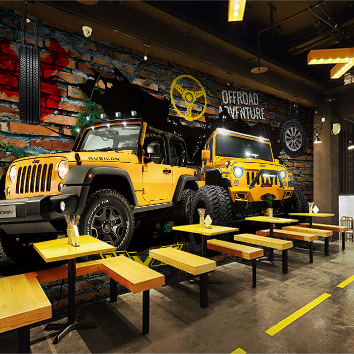 复古老爷车吉普车越野车壁画3d汽车壁纸酒吧网咖墙纸个性无缝墙布