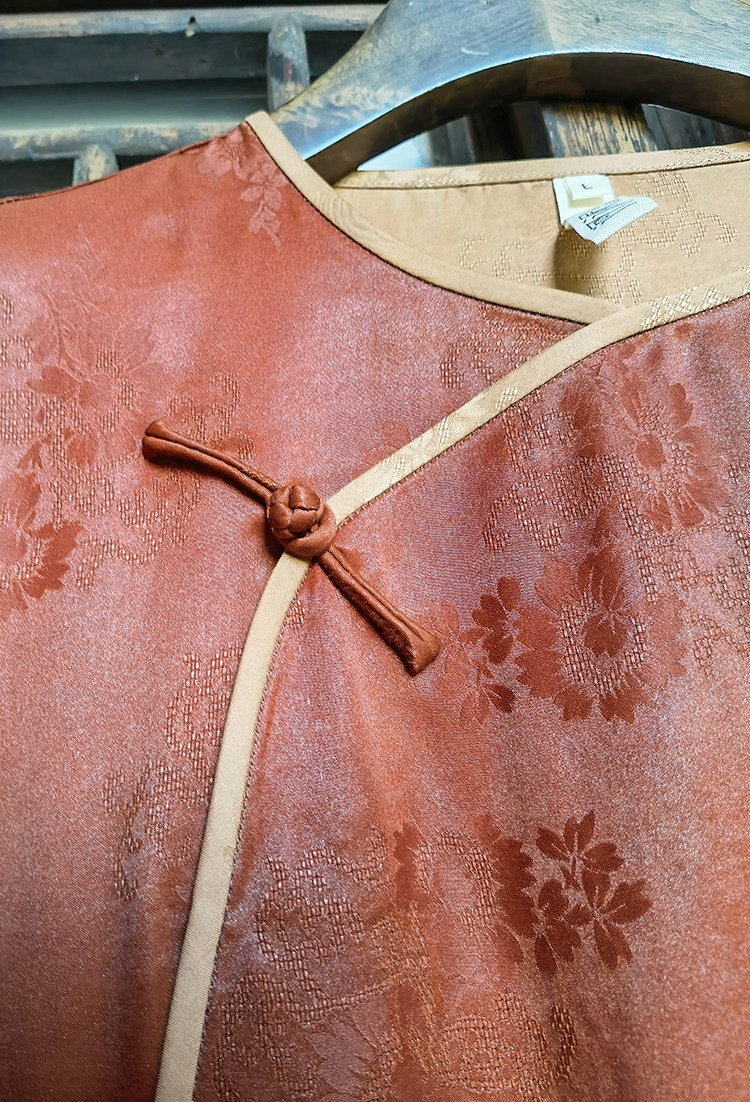 河泥原创设计真丝桑蚕丝花萝红云纱香云纱短袖复古圆领盘扣连衣裙