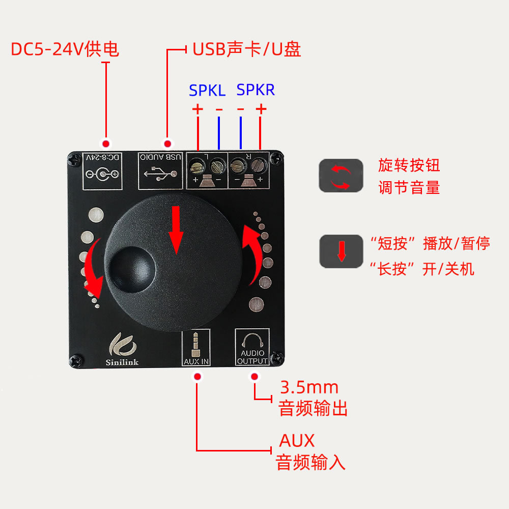 40w50wx2立体声蓝牙数字功放12v24v2.0双声声道旋钮音频模块