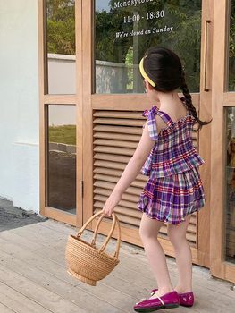 NANI ເດັກຍິງ summer camisole suit ສີມ່ວງ plaid ເດັກນ້ອຍ doll ເສື້ອເດັກຍິງເດັກນ້ອຍມືຫນັກ embroidered ເທິງ