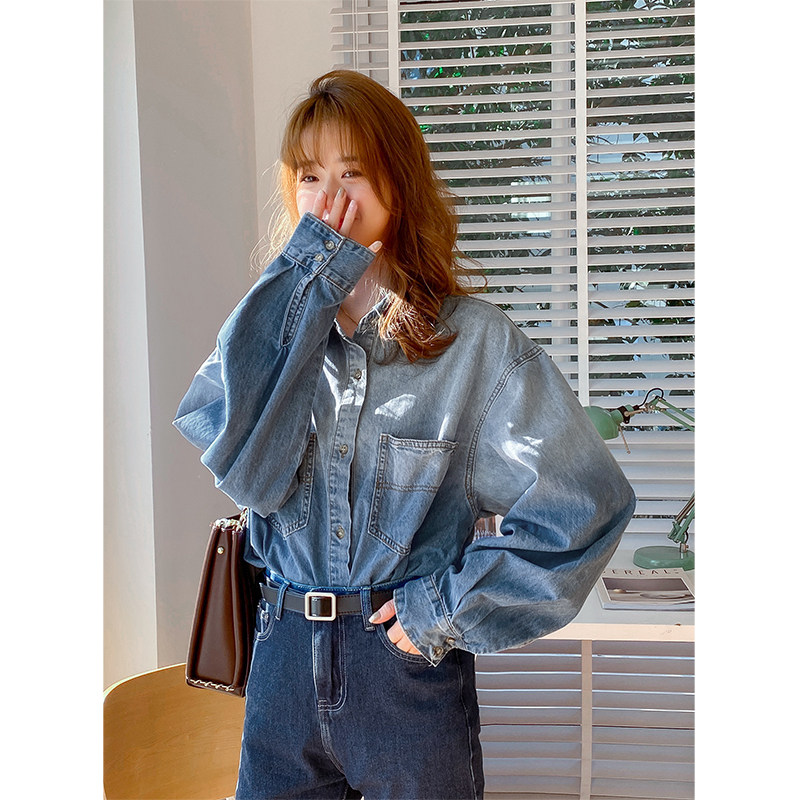 dk尤物蓝色牛仔衬衫女装2021年春秋新款宽松复古港味长袖上衣外套