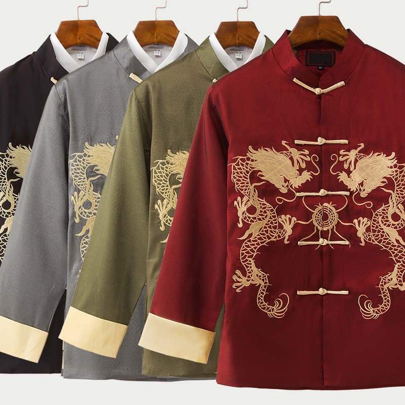 中国风男装复古刺绣龙唐装男长袖中式礼服年会活动演出服民族服装