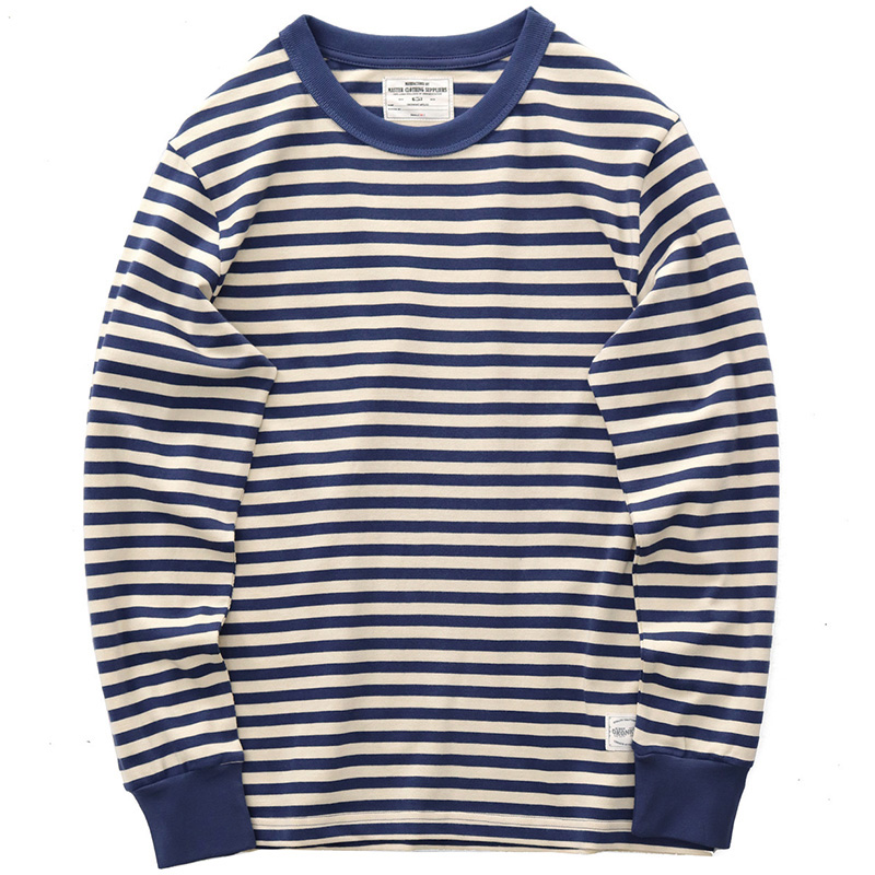 早秋纯棉打底体恤海魂衫美式复古潮撞色蓝白条纹t恤