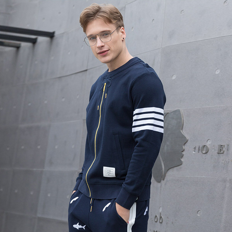 欧美潮牌tbthom春秋运动休闲条纹四条套头立体卫衣