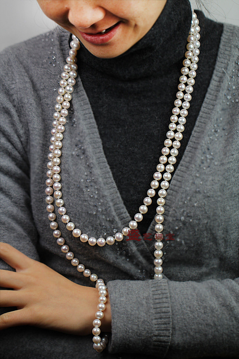 盛艺珠宝珍珠毛衣链9-10mm正圆强光珍珠项链长圆淡水珍珠长链双层