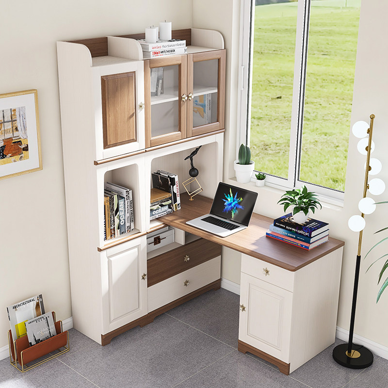 现代实木转角书桌书柜组合家用学生拐角连体电脑桌