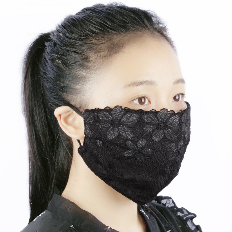 易呼吸女春秋冬纯棉加大褶皱蕾丝加厚花朵口罩口罩