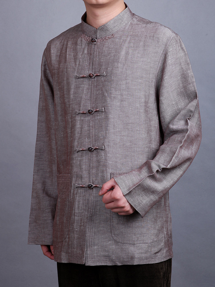 亚麻唐装男士秋季盘扣上衣中老年休闲春秋长袖民族服装