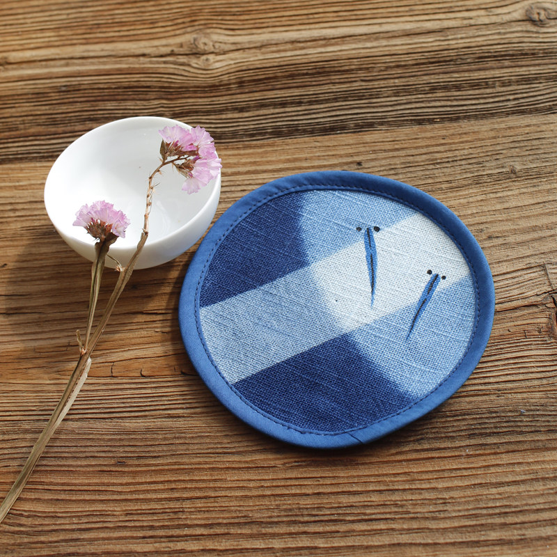 蓝言人气杯垫茶道扎染手绘圆形茶垫竹节隔热杯垫