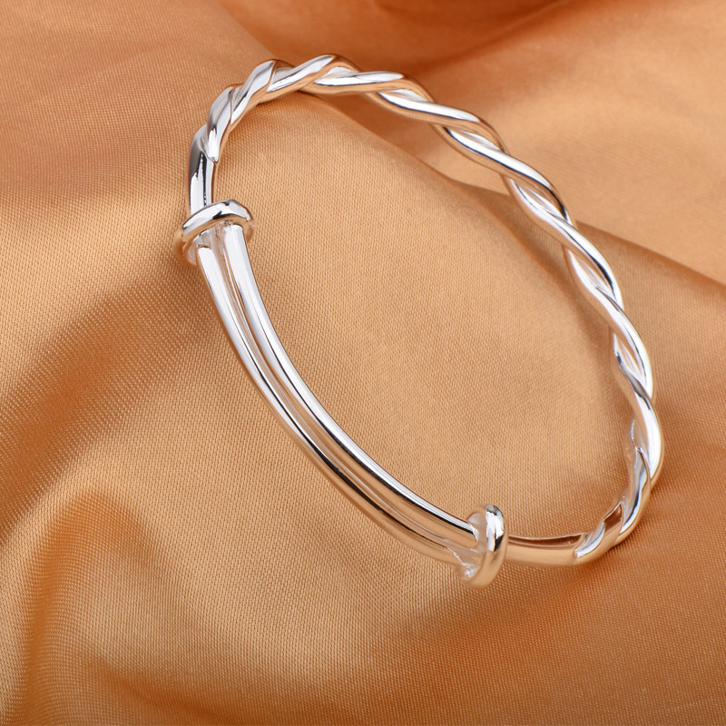 纯银手镯女士年轻款足镯子手环实心推拉光面手镯