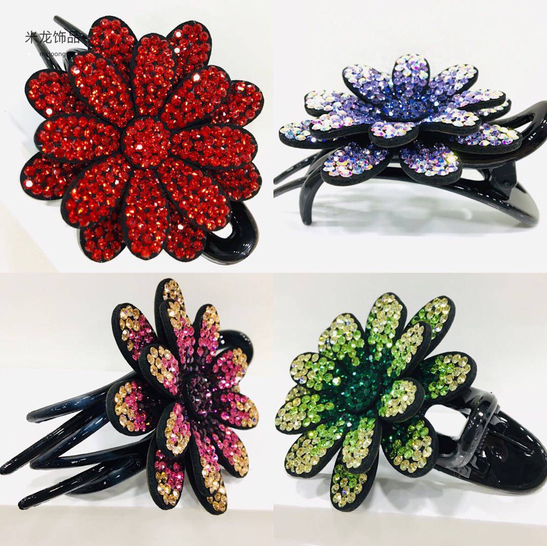捷克钻满钻水钻花开富贵网红超闪女大花三齿鸭嘴夹发夹头饰发卡