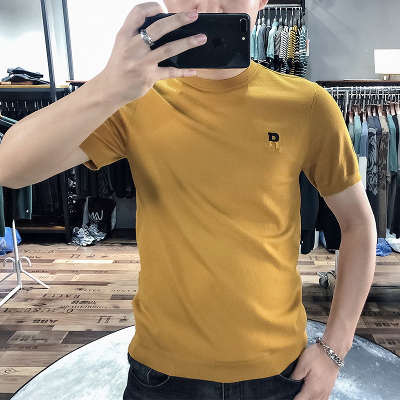 秋冬大码男士针织衫刺绣绣花短袖套头毛衣男圆领青年休闲半袖线衣