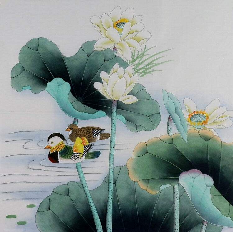 手绘斗方鸳鸯荷花花鸟工笔画国画无款四尺字画国画