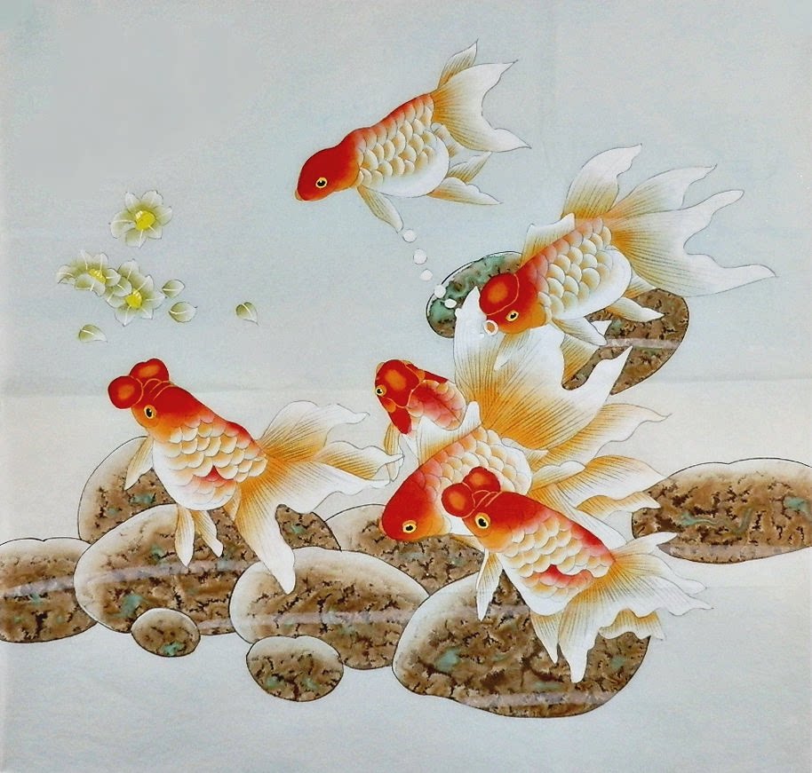 gg四尺鲤鱼荷花工笔画国画无款斗方手绘装饰画国画