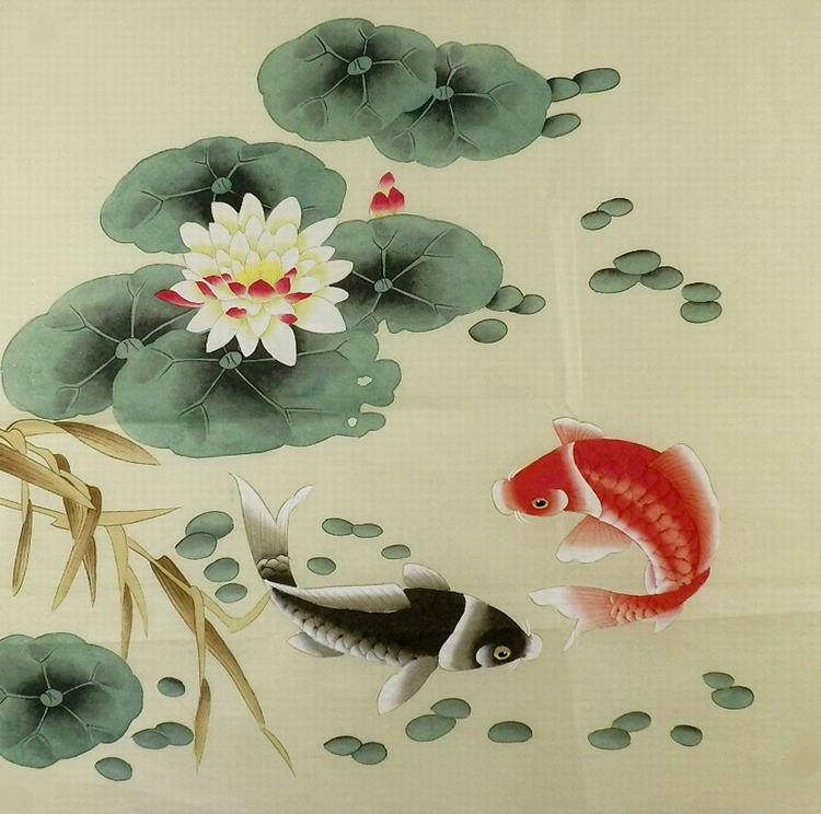 gg四尺鲤鱼荷花工笔画国画无款斗方手绘装饰画国画