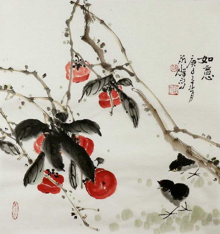 手绘字画客厅装饰画孙艺群三尺尺斗方国画花鸟紫藤葫芦柿子清供gg