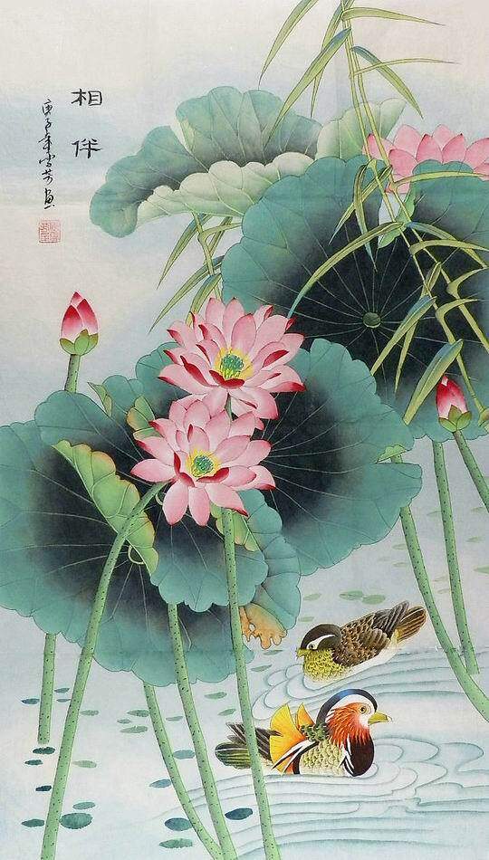 gg手绘字画中式装饰画顾雪芳三尺四尺斗方国画工笔画花鸟荷花鸳鸯