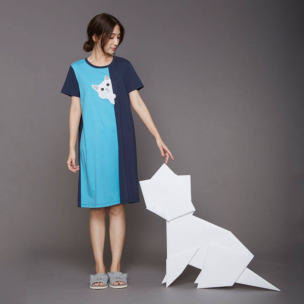 台湾以旺yvonne针织绣猫洋装现货家居服睡裙春秋睡裙