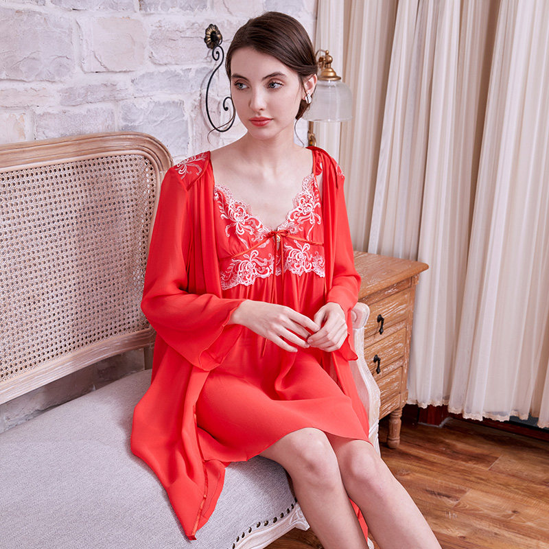 美标春夏重磅桑蚕蚕丝浴袍婚袍女真丝睡衣丝绸睡袍