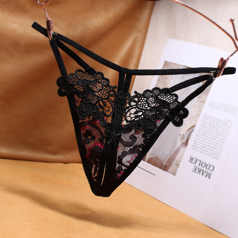 开档情趣丁字裤镂空刺绣透明女式透视诱惑低腰平角裤