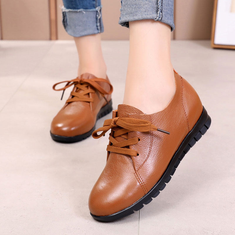 春秋季女鞋平底鞋内增高单鞋真皮女式鞋子休闲鞋圆头春秋鞋大码