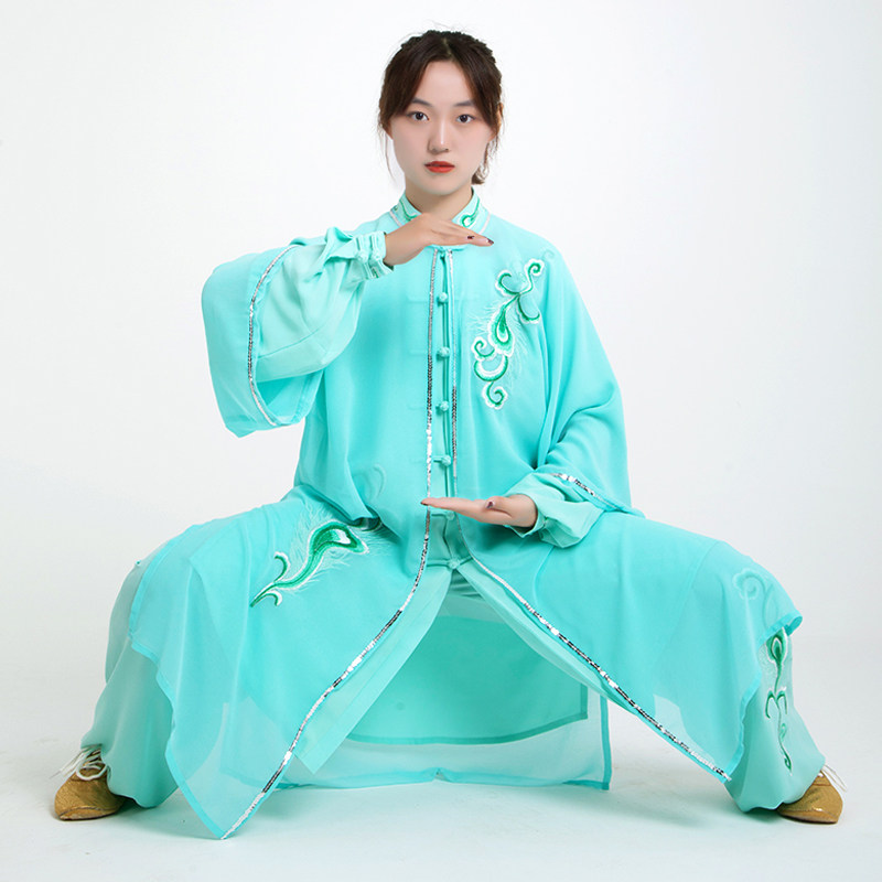 拳心拳意新款太极表演服薄丝麻薄荷刺绣凤凰披风太极服