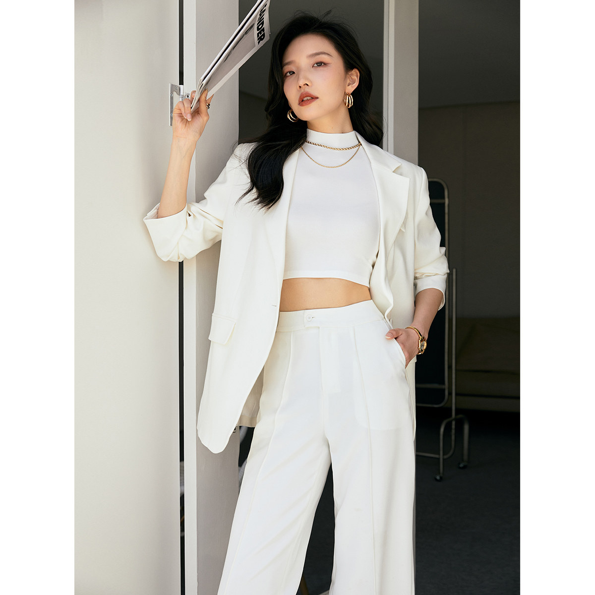 女子子成白色西装阔腿裤极纯色man时尚套装时尚套装