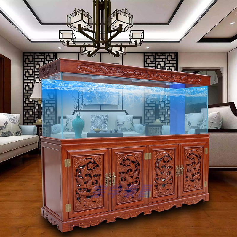 鱼缸榆木实木中式精雕底柜水族箱龙鱼缸大型超白鱼缸