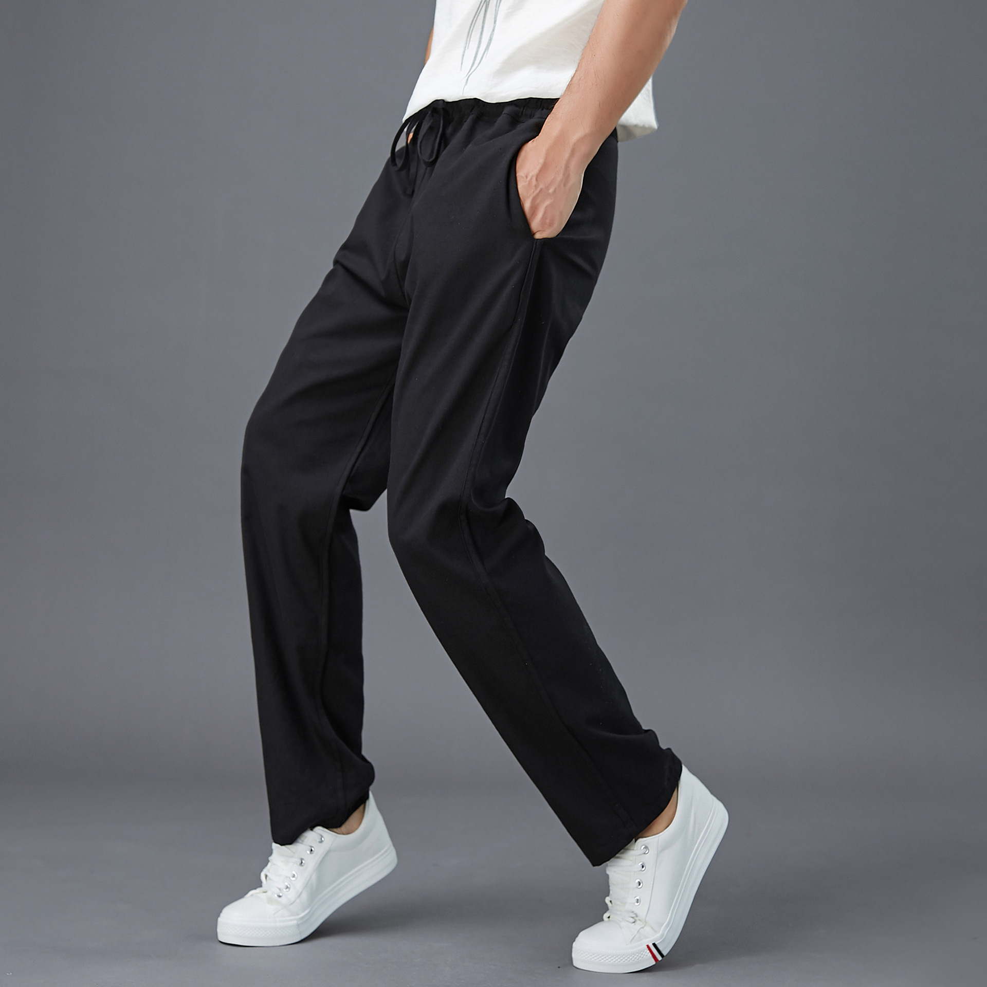 麻凡2022男装新款宽松棉麻料直筒裤子休闲裤抽带休闲裤