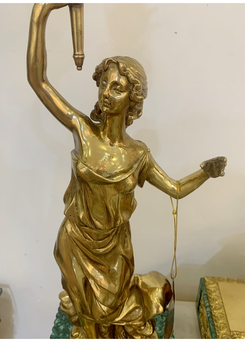 全铜火炬女神摆件工艺品孔雀绿色陶瓷大理石复古摆件