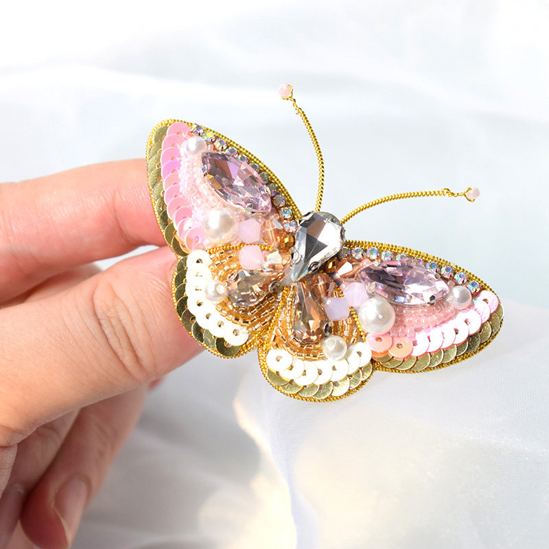 珠绣蝴蝶一字胸针高档手工自制创意立体材料胸针