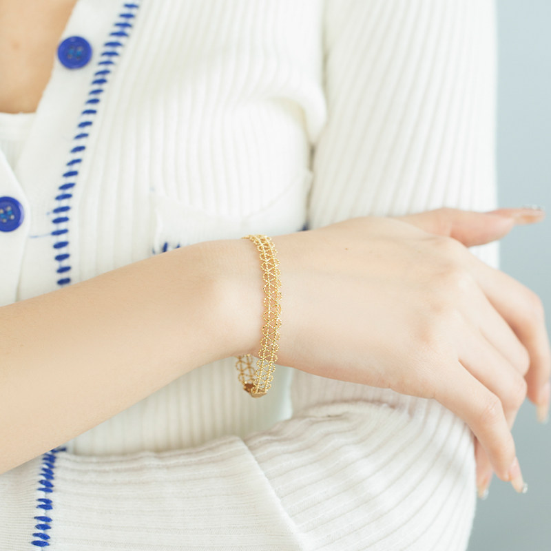 恒蕴叶子18k黄金仙女蕾丝编织米珠金球手链手饰