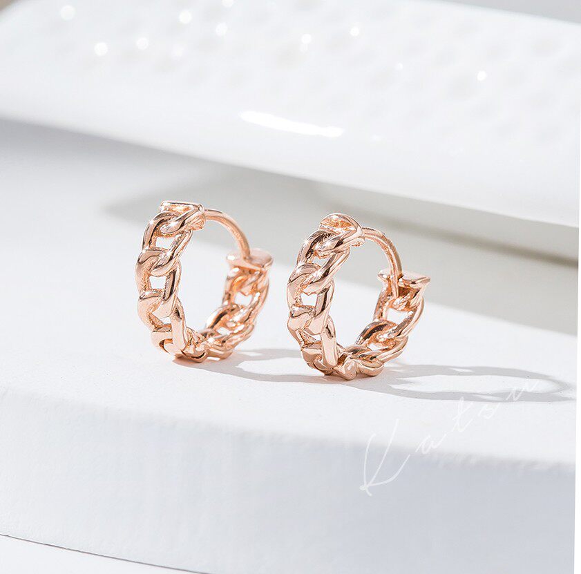 正品18k金耳扣玫瑰金耳环耳环小耳圈镂空链条条款耳饰