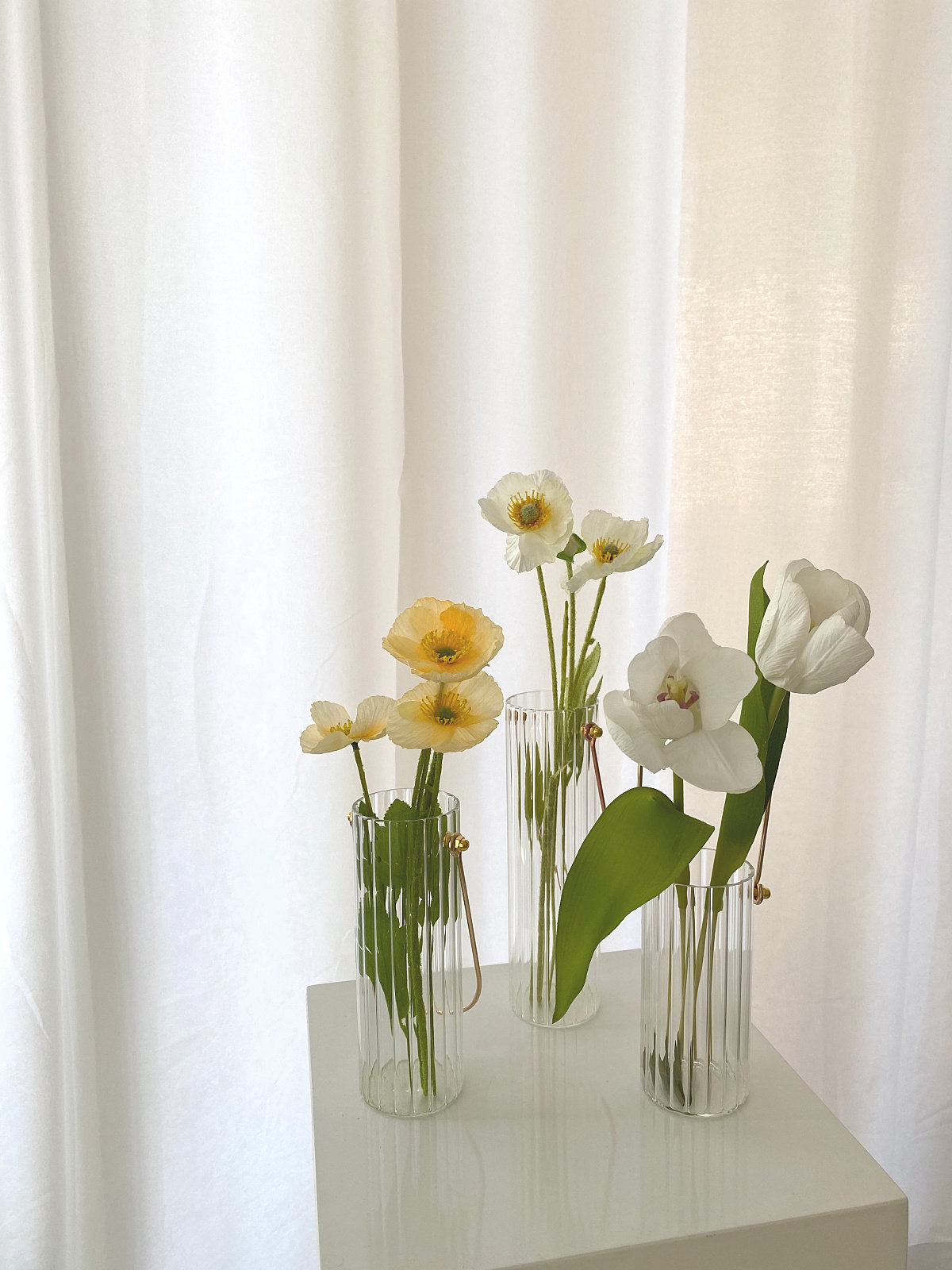 ins韩风插花摆件金属手提竖纹玻璃小花花瓶摆件