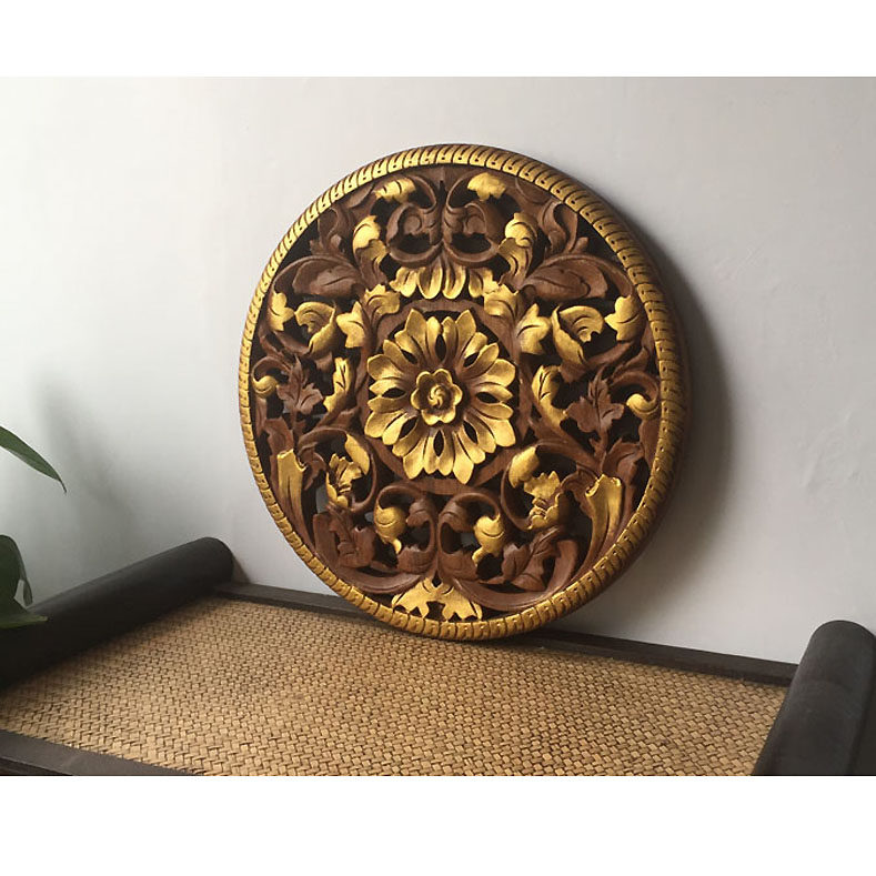 泰国进口木雕雕花圆形图腾客厅玄关挂饰东南亚壁饰