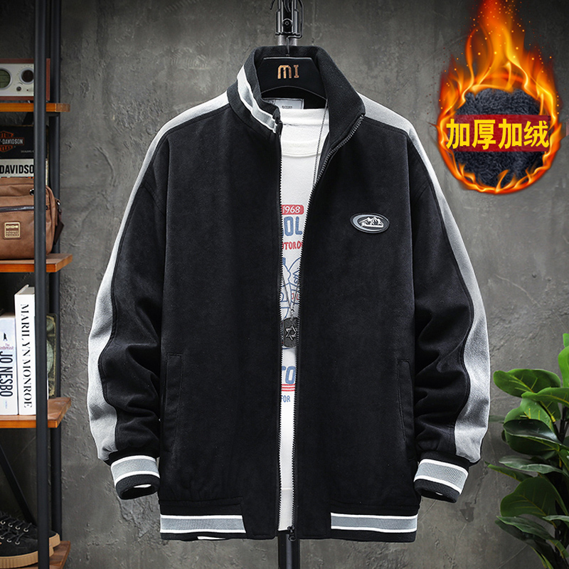 春秋休闲外套男麂皮绒潮牌宽松帅气加绒韩版夹克男青少年大码上衣