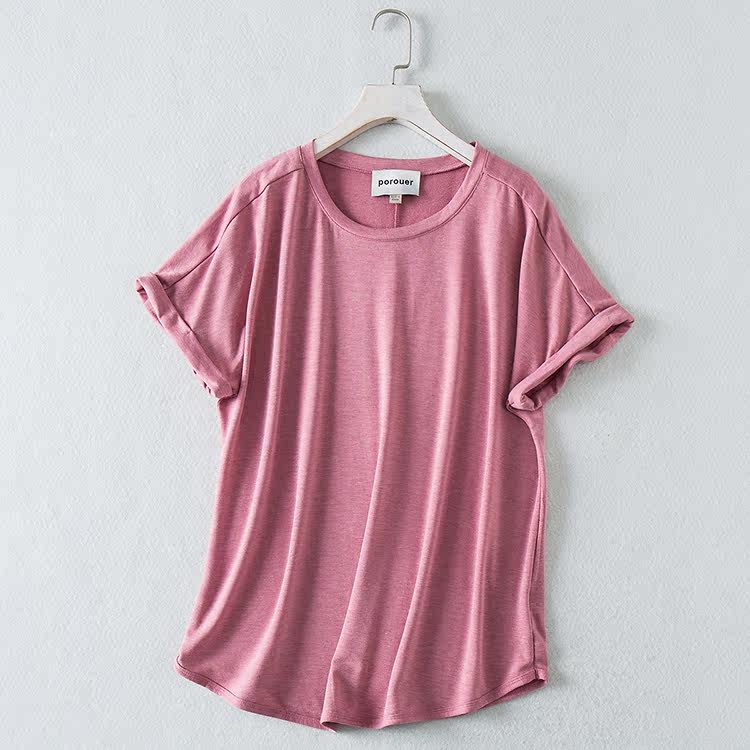 外贸女装 2020夏季新款 简约纯色圆领卷边短袖宽松透气休闲t恤