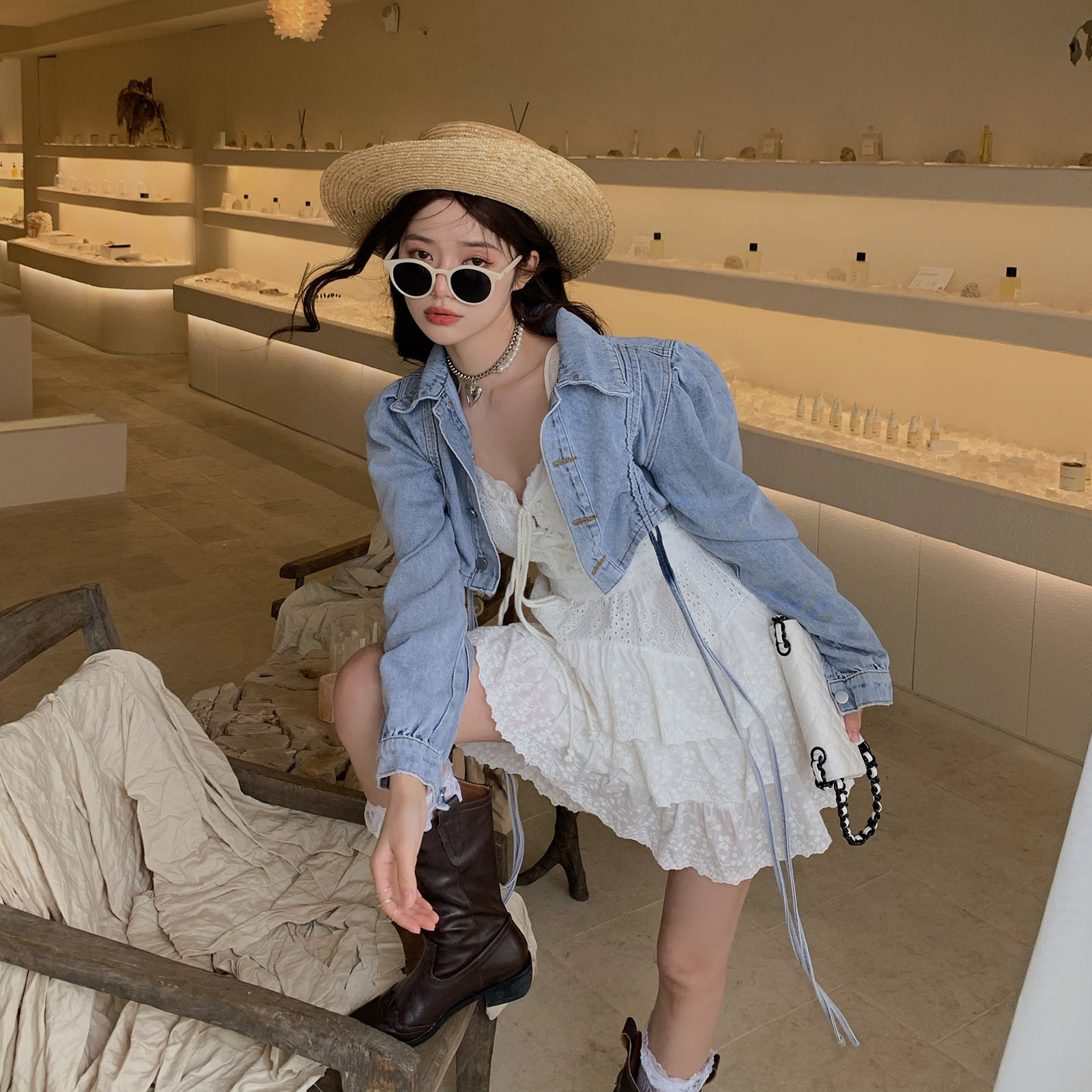 林珊珊新款酷潮休闲女薄款外套牛仔抽绳夏季西部牛仔短外套