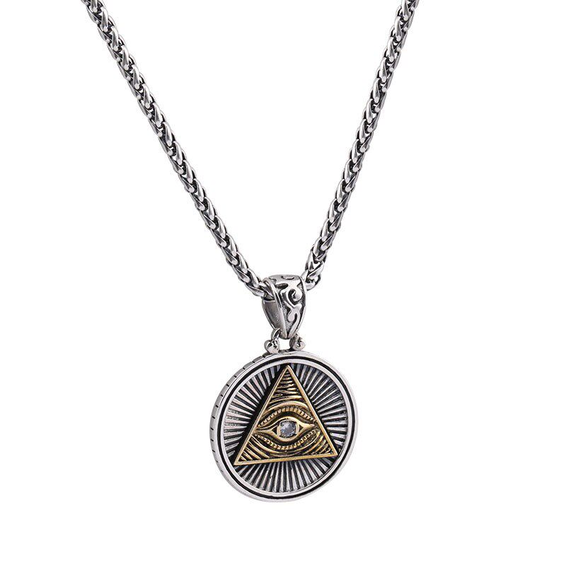 s925纯银荷鲁斯上帝之眼吊坠欧美潮男士项链复古圆牌硬币朋克银饰