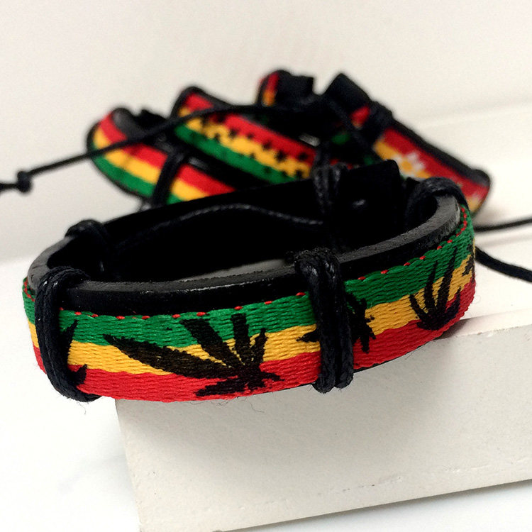 牙买加红黄绿reggae雷鬼朋克街舞嘻哈滑板皮质手链