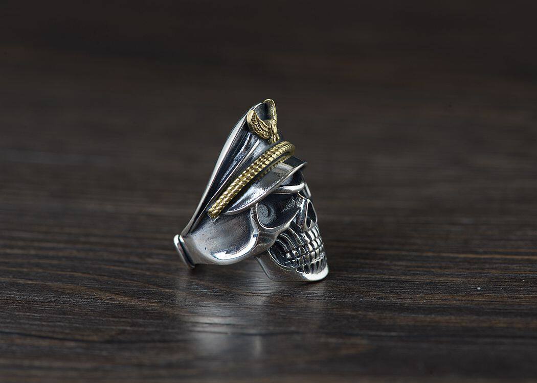 s925纯银戒指朋克骷髅军官教官开口泰银黑暗戒指