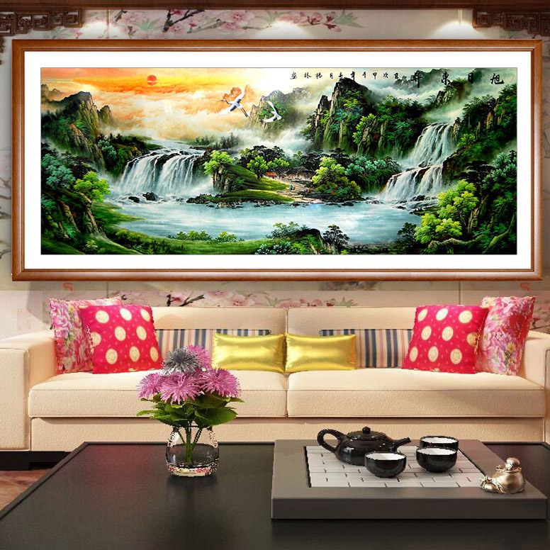 旭日东升十字绣线绣新款2019客厅满绣印花中国山水画古典风景大幅