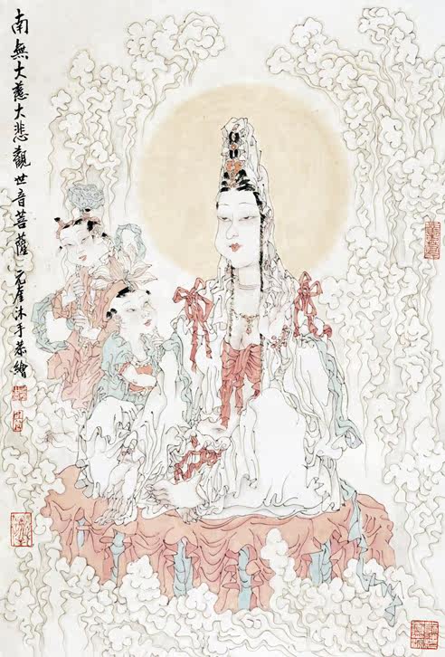 高仿名家名人字画国画人物竖幅立轴吴元奎送子观音图案印制类