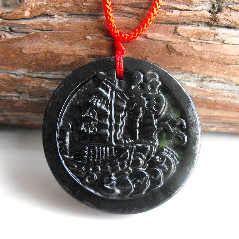 泰山墨玉一帆风顺吊坠帆船项坠平安石饰品饰品挂件项坠