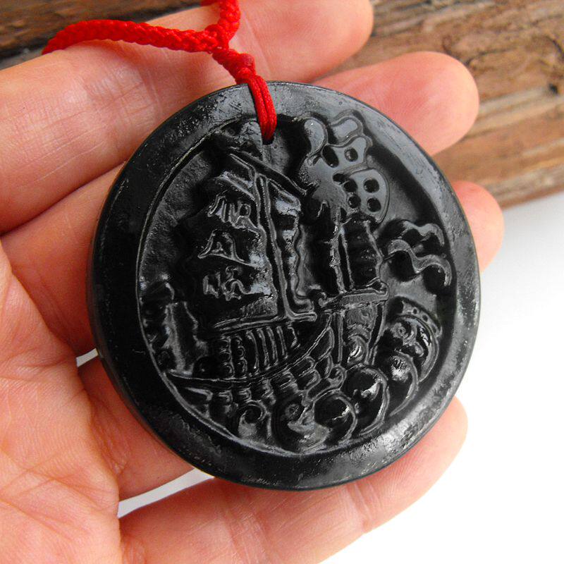 泰山墨玉一帆风顺吊坠帆船项坠平安石饰品饰品挂件项坠