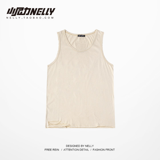 Ins European And American High Street Hip Hop Brand Cotton Sweat Vest Bottoming Shirt Loose Solid Color Knife Cut Hole Sleeveless T-shirt For Men And Women Ins European And American High Street Hip Hop Brand Cotton Sweat Vest Bottoming Shirt Loose Solid Color Knife Cut Hole Sleeveless T-shirt For Men And Women